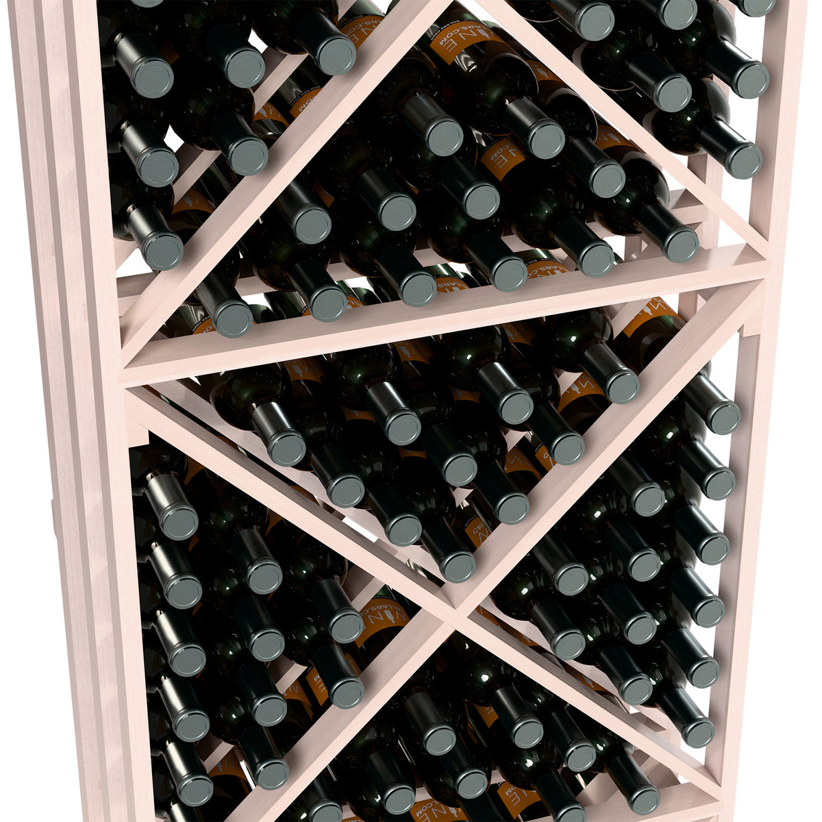 Whitewashed lattice wine rack with X-cube dividers holding wine bottles