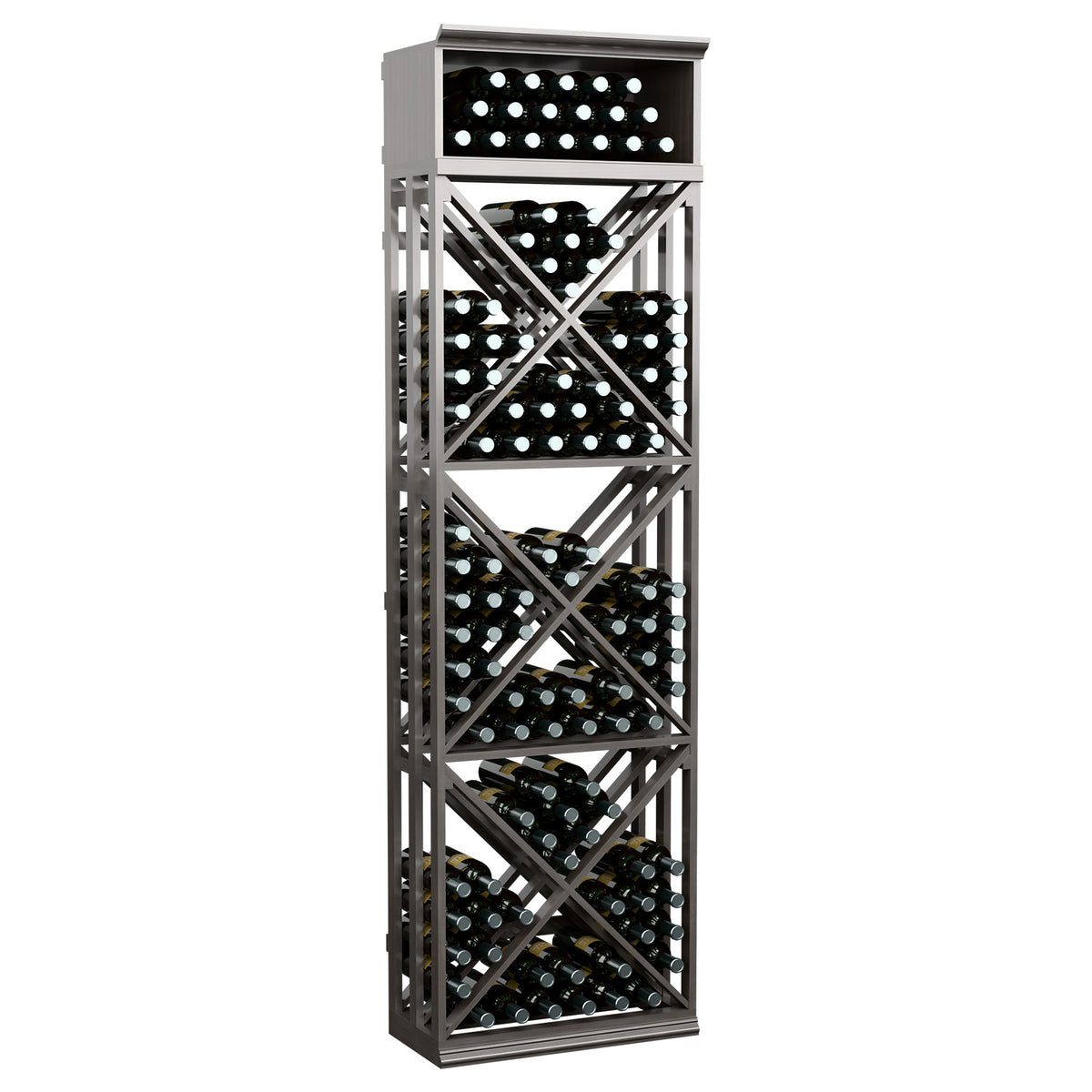 Tall lattice wine rack, dark finish, crisscross supports with many bottle openings