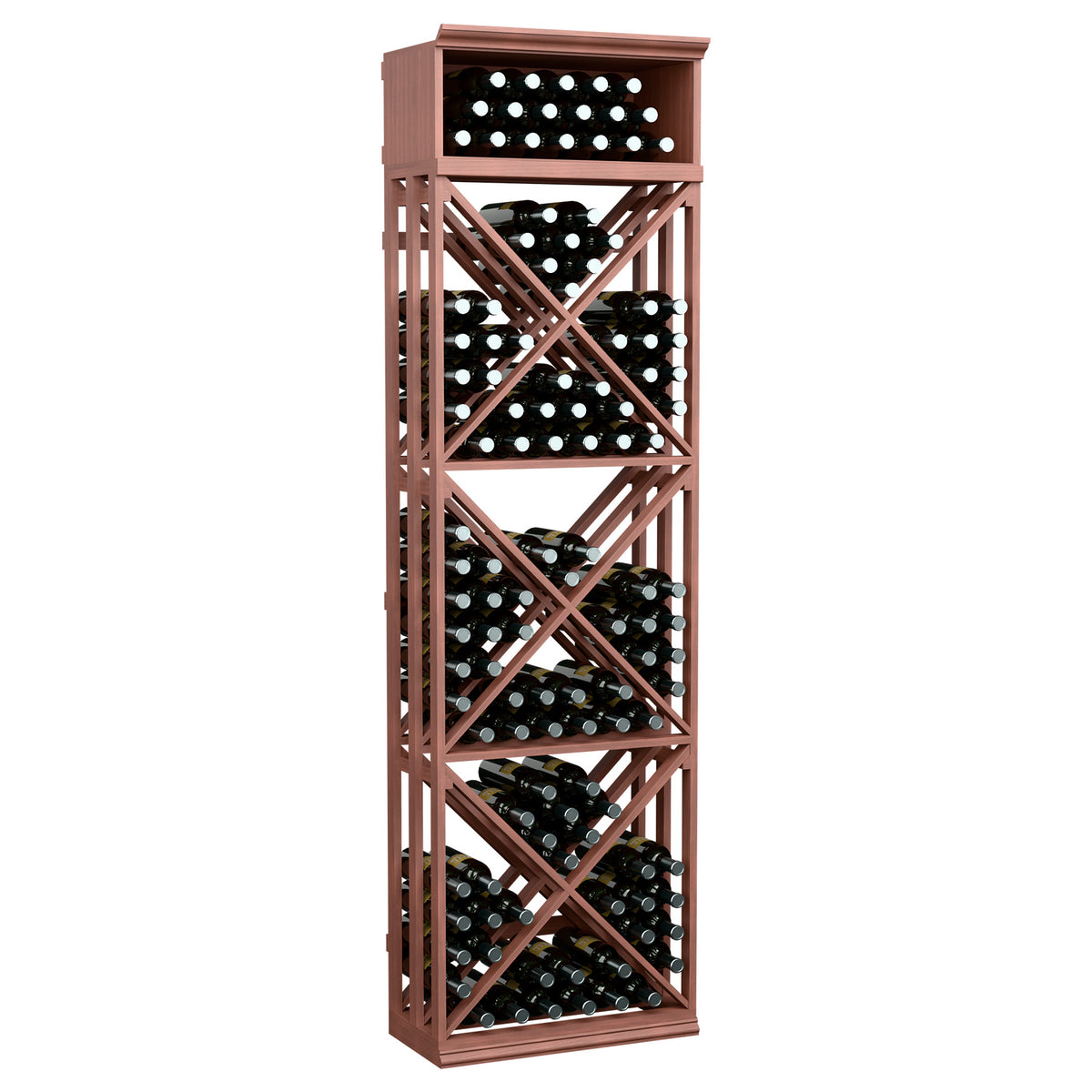 Tall lattice wine storage rack with warm brown frame and crisscross bottle shelves