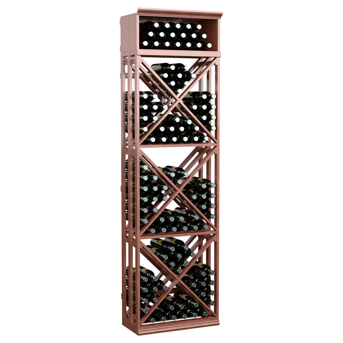 Lattice wine rack, warm brown wood frame, stacked shelves for multiple wine bottles