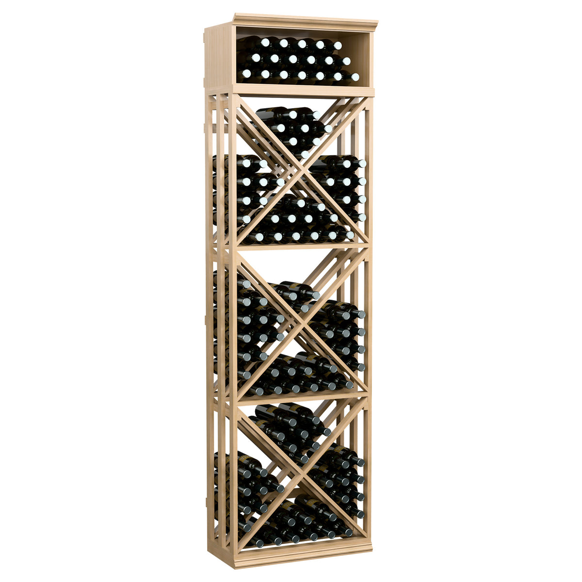 Lattice wine storage rack, light wood finish, multiple bottle slots in crisscross shelves