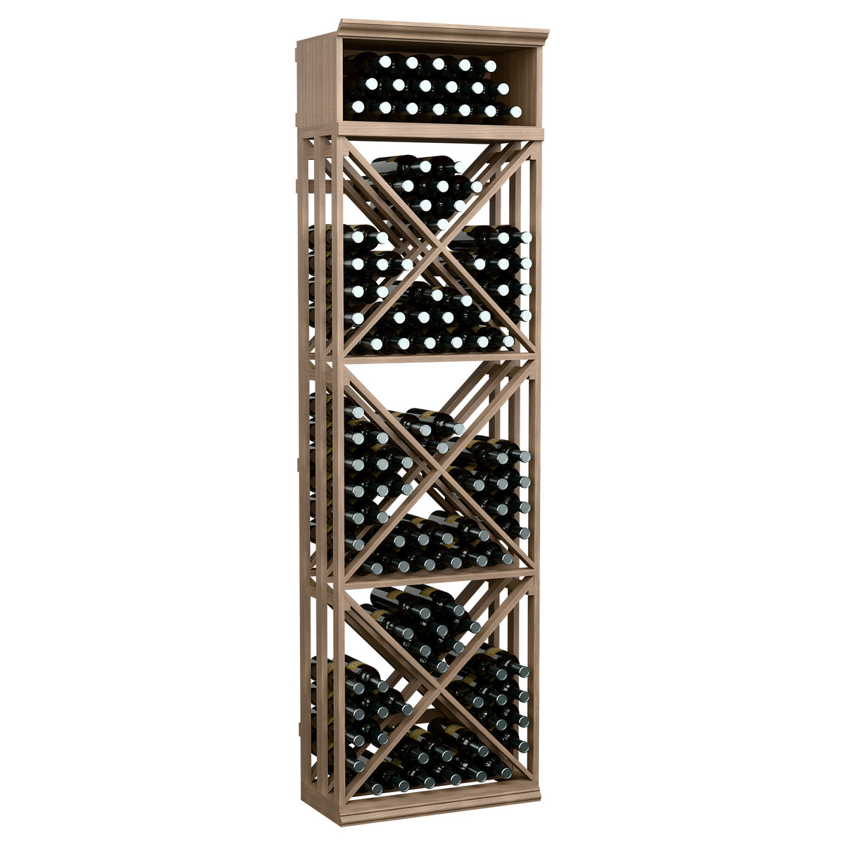 Tall lattice wine rack with pale wood frame and crisscross supports for bottles