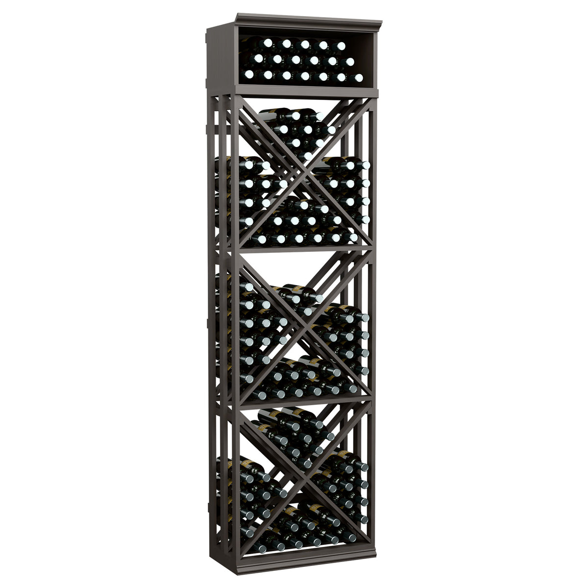 Tall lattice wine storage rack with dark frame, crisscross bottle storage shelves