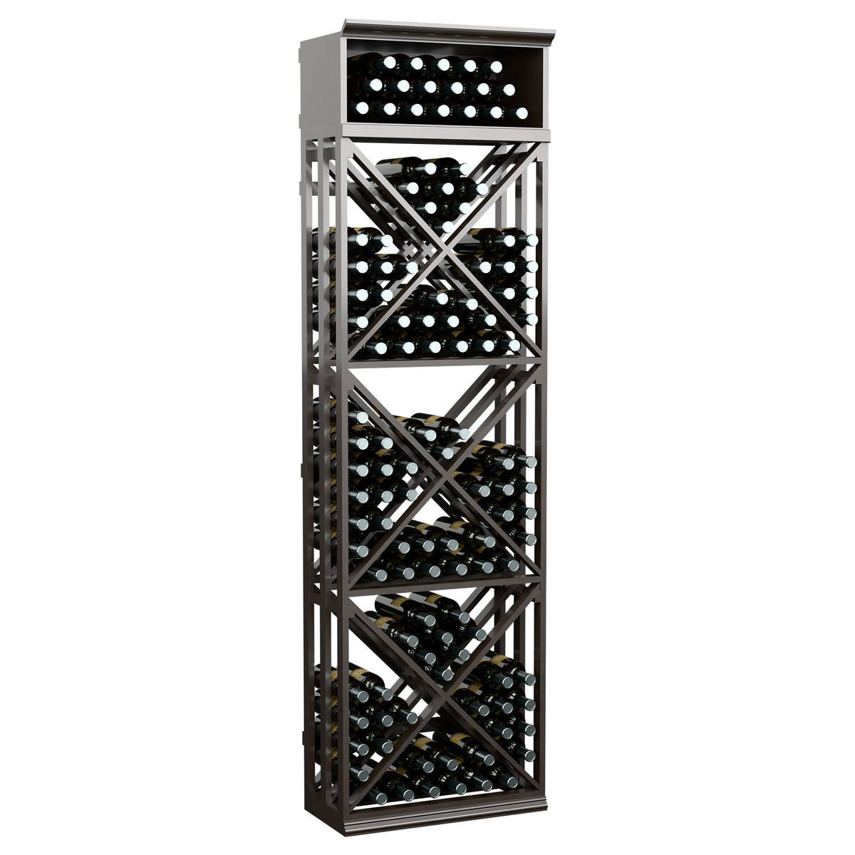 Lattice wine rack, dark finish, multiple crisscross shelves holding wine bottles