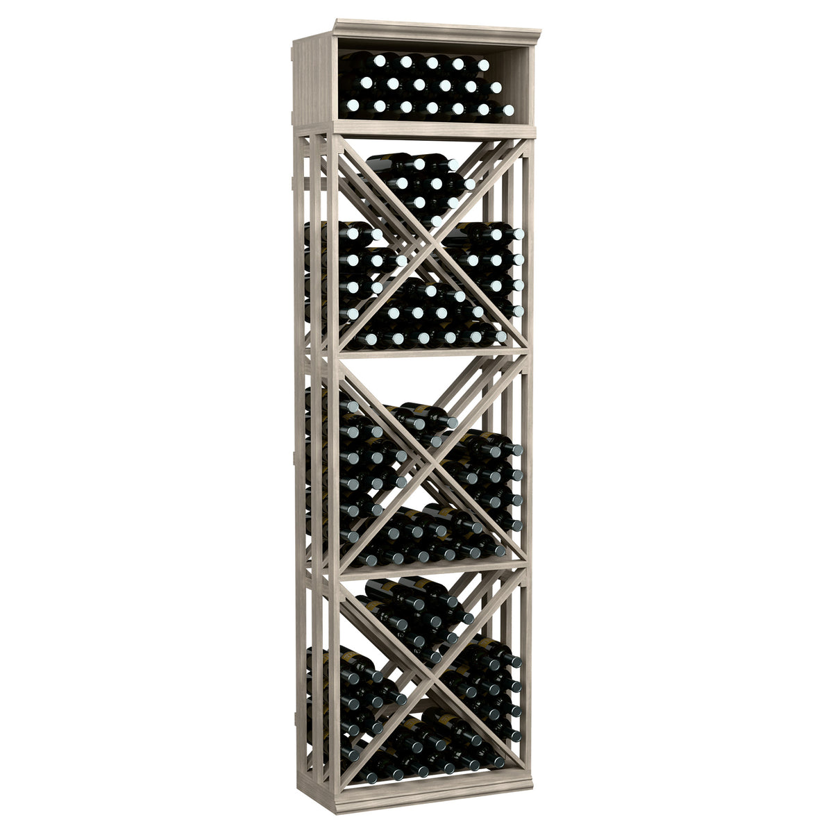 Light gray wine rack with lattice X-brace and open grid shelves holding bottles