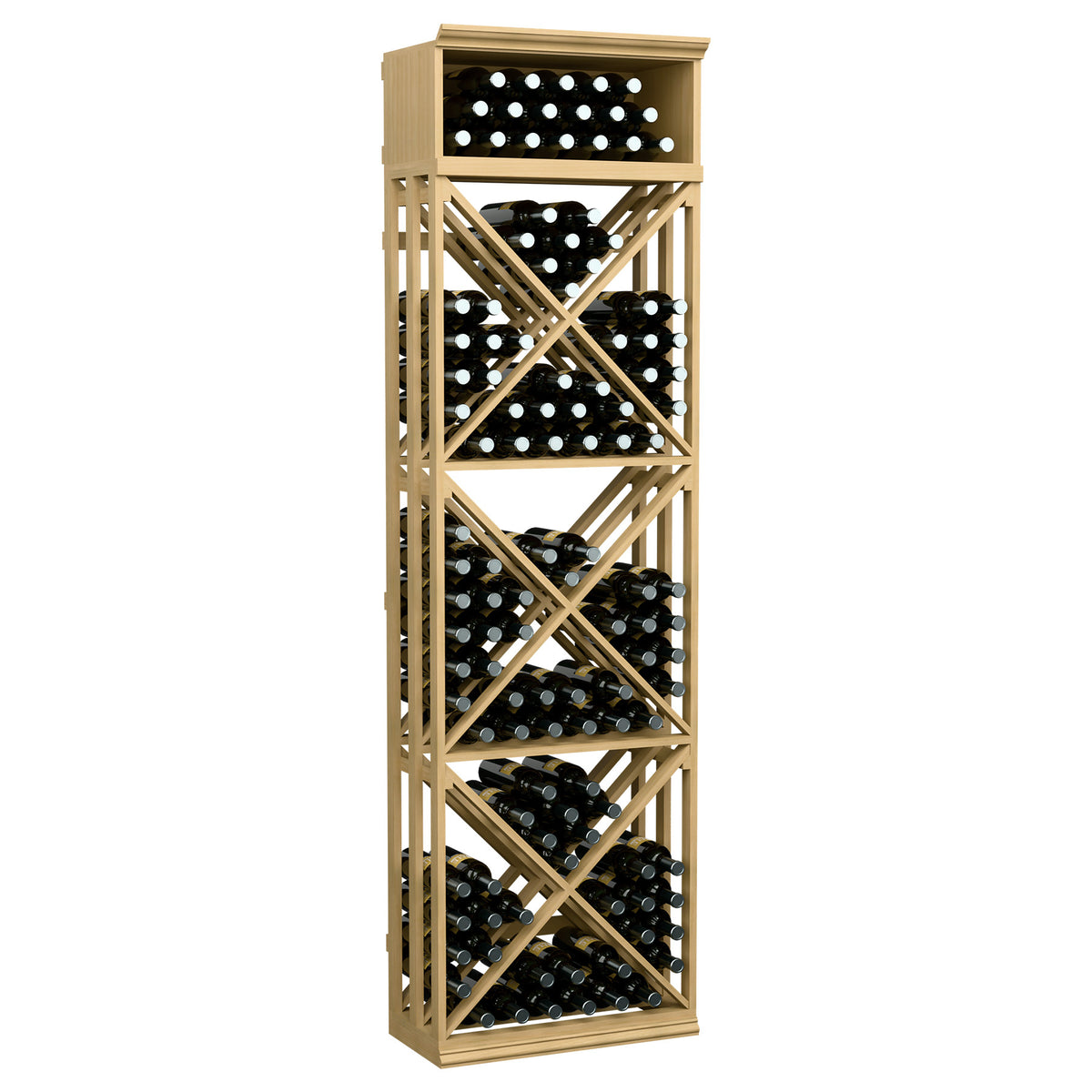 Natural wood wine rack with lattice X-brace and open shelves for bottles