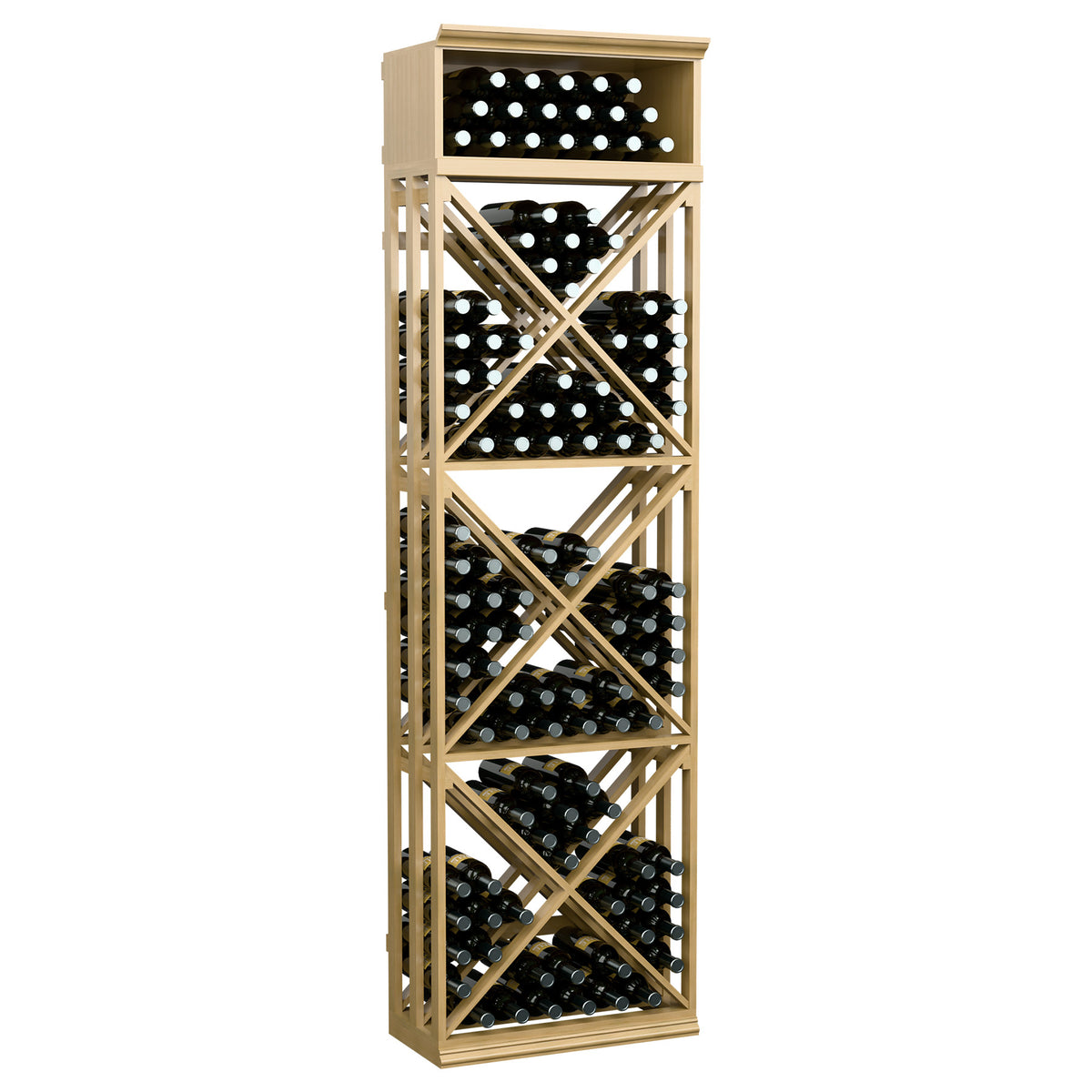 Natural-toned lattice wine rack with X-cross frame and bottle storage grid