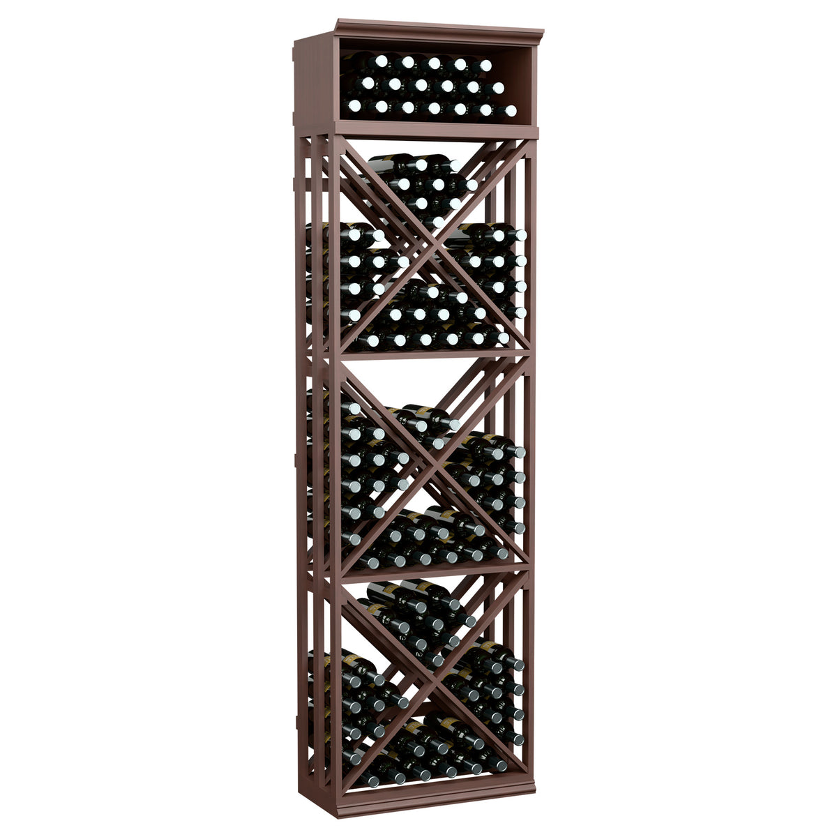 Dark brown wine rack with lattice X-brace and open bottle storage shelves