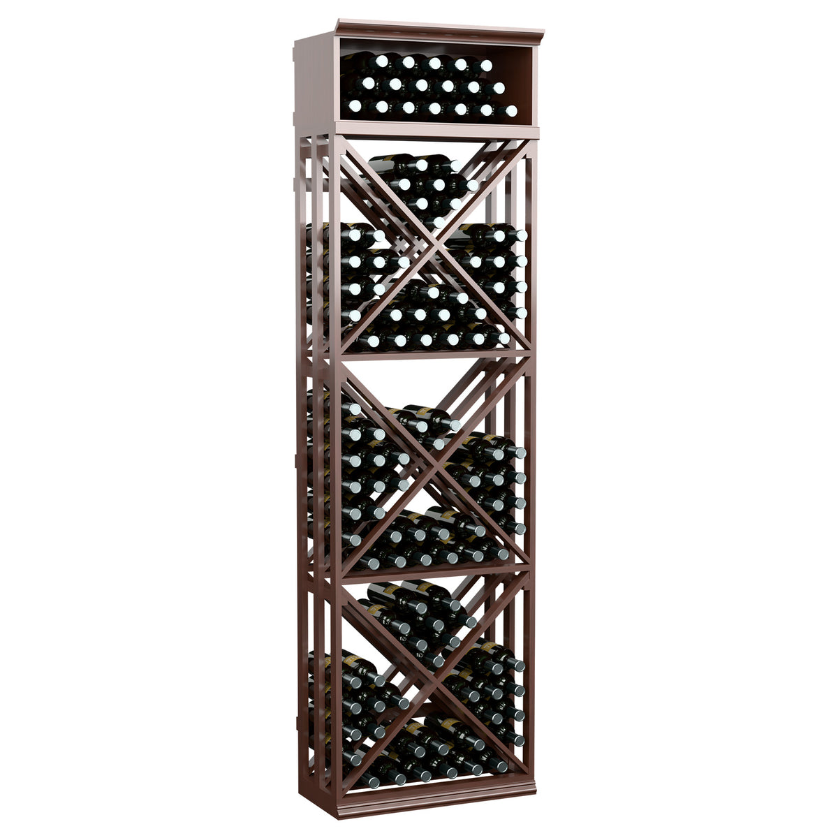 Espresso-brown lattice wine rack with X-cross supports and bottle grid shelves