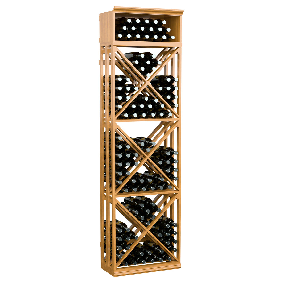 Light wood lattice wine rack with X-cross frame and bottle storage compartments