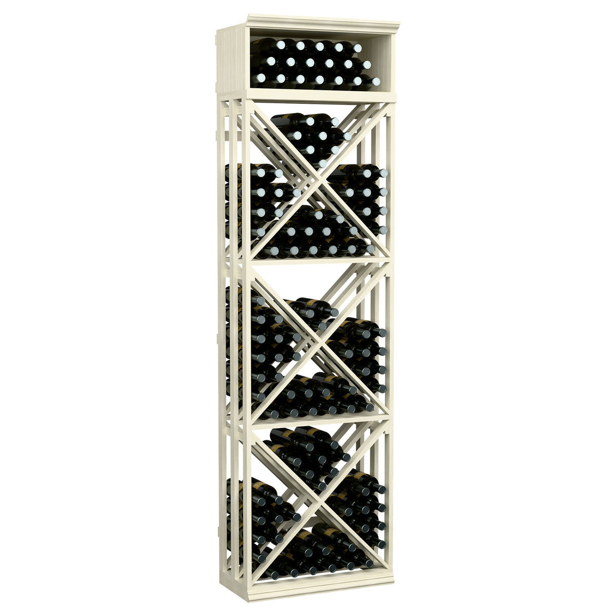 Whitewashed wine rack with lattice X-brace and open grid shelves holding bottles