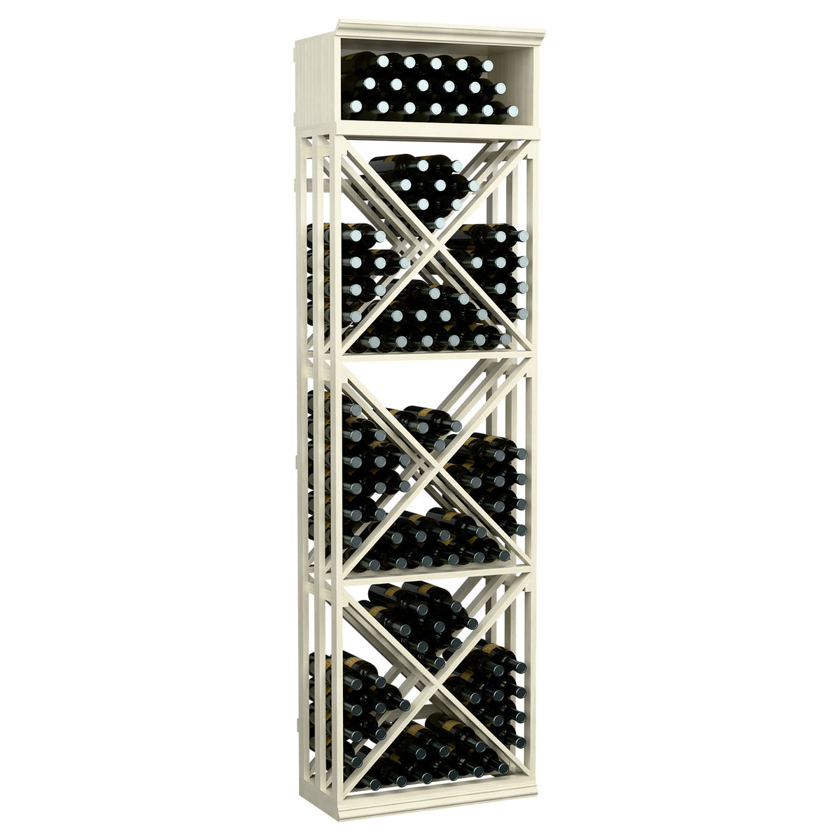 White wine rack with lattice X-brace structure and open bottle storage shelves