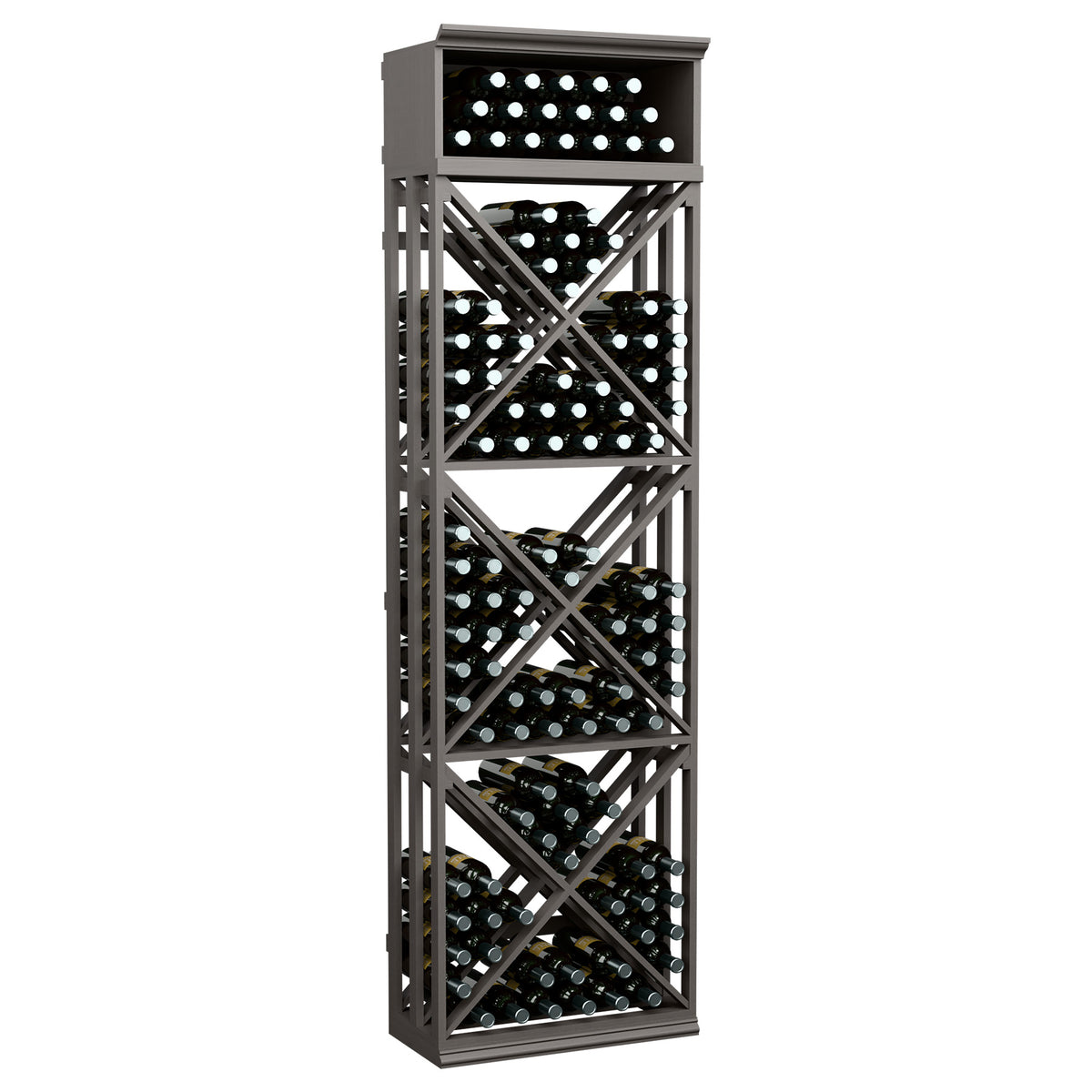Black lattice wine bottle storage rack with X crisscross shelves and top bottle holes