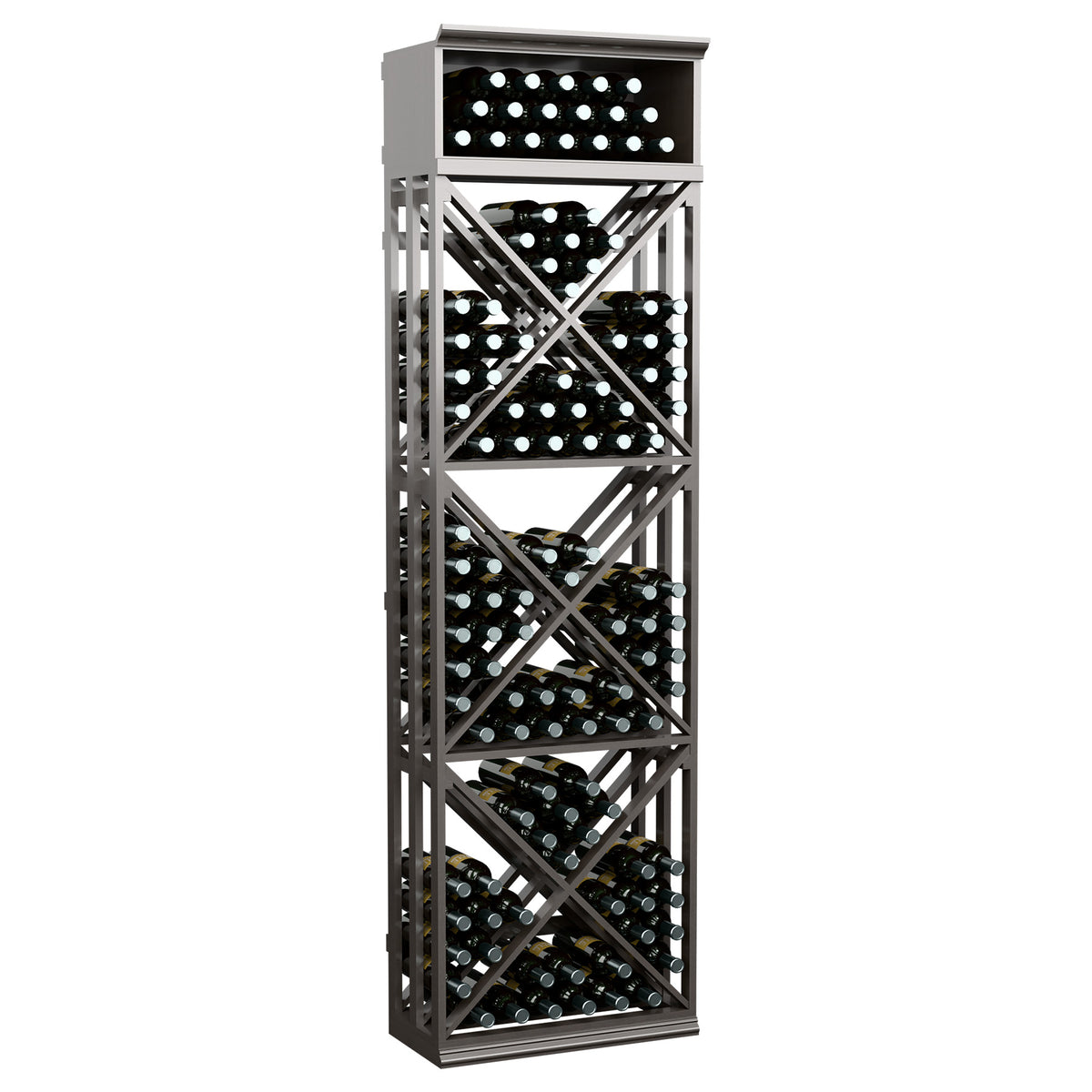 Black lattice wine bottle storage rack with X crisscross shelves and top bottle holes