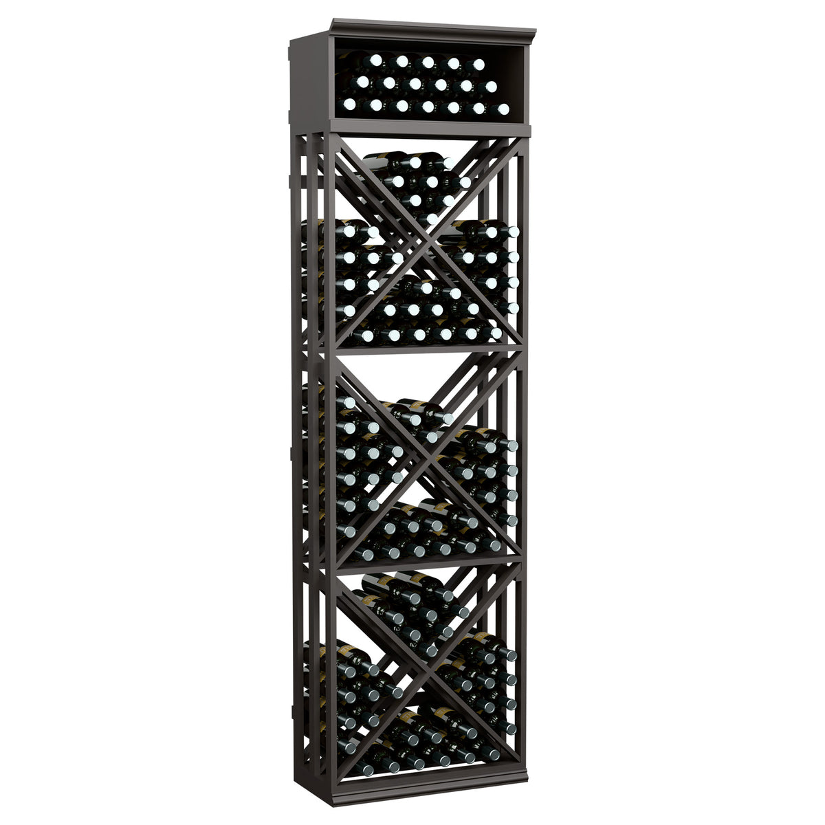 Black lattice wine bottle storage rack with X crisscross shelves and top bottle holes