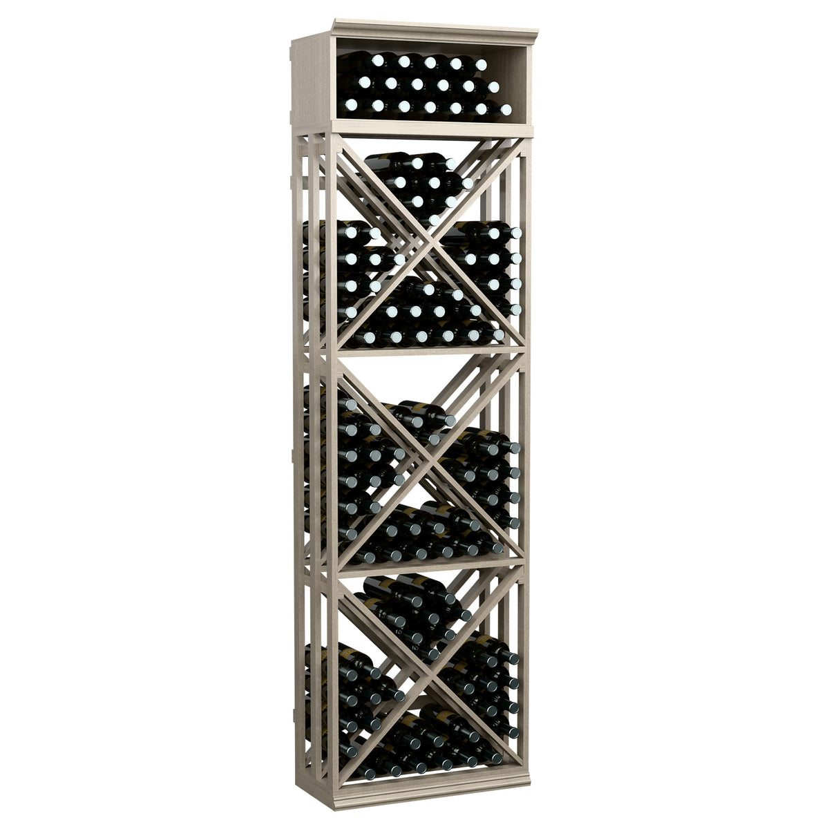 Tall wine bottle storage cabinet with lattice X shelves, light grey-white wood, holds bottles