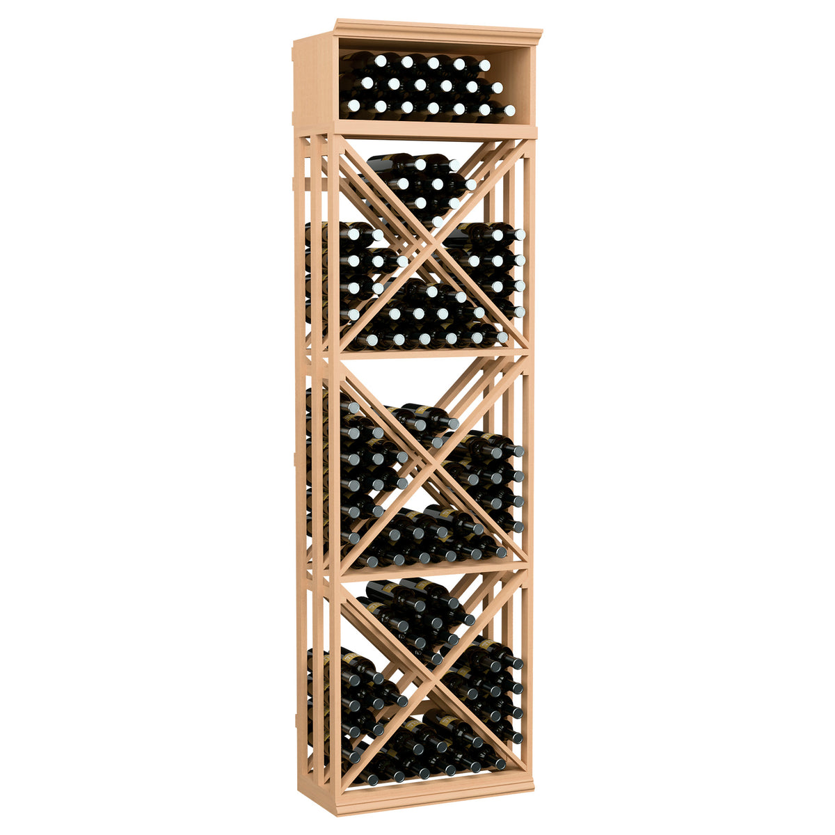 7ft wine bottle storage rack with lattice X shelves, natural light wood finish, bottle slots