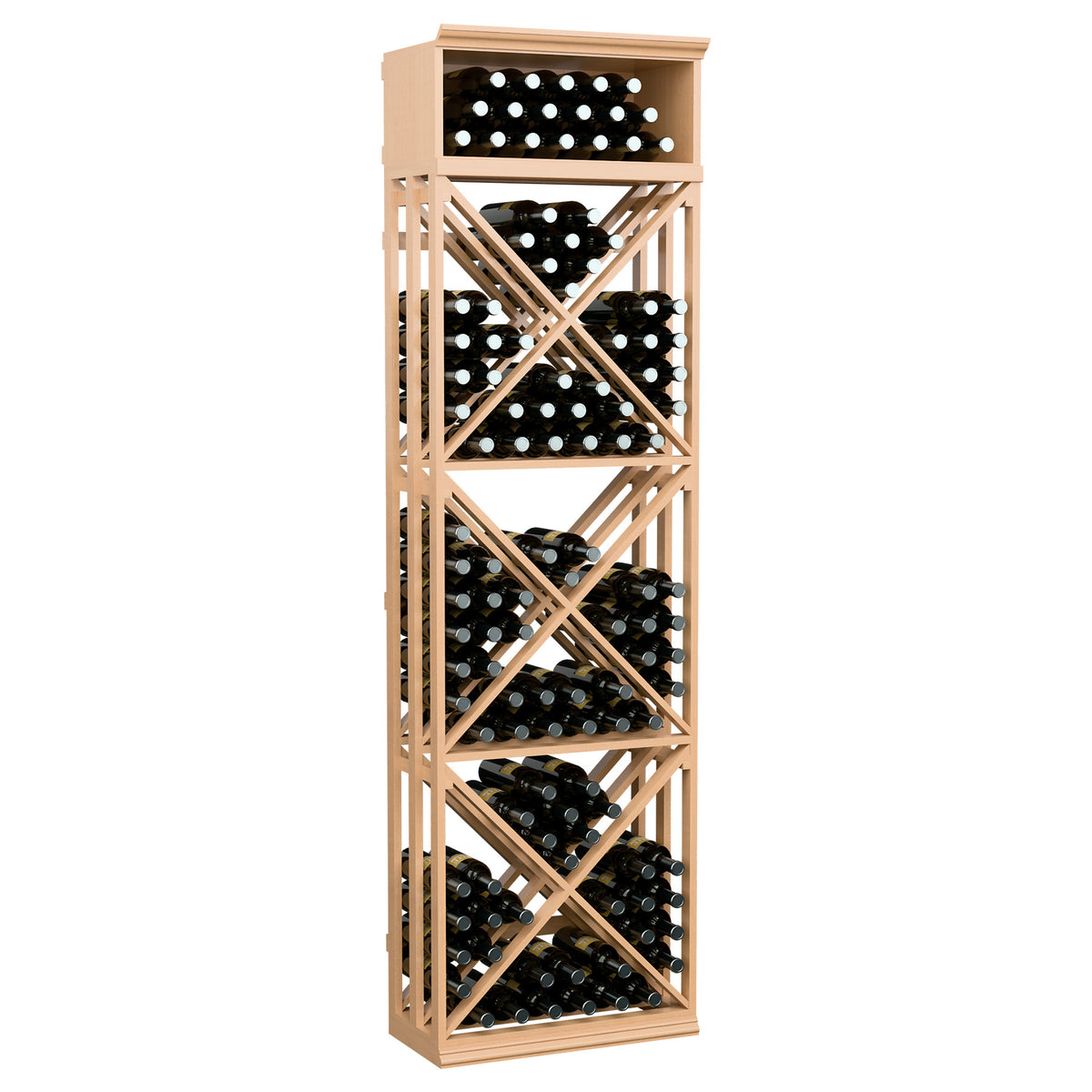 Tall wine bottle storage cabinet with lattice X bracing, light natural wood, holds bottles