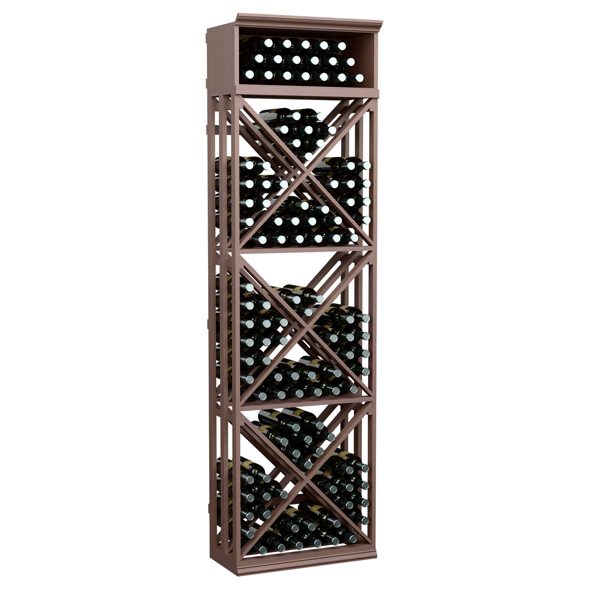 7ft wine bottle storage rack with lattice X shelves, dark brown stained finish, bottle slots