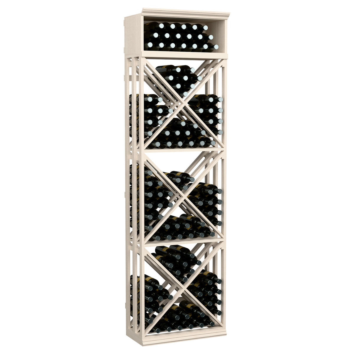 7ft wine bottle storage rack with lattice X shelves, white-washed light grey finish