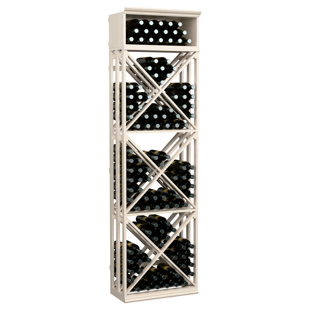 Tall wine bottle storage cabinet with lattice X shelves, light grey-white wood, bottle slots