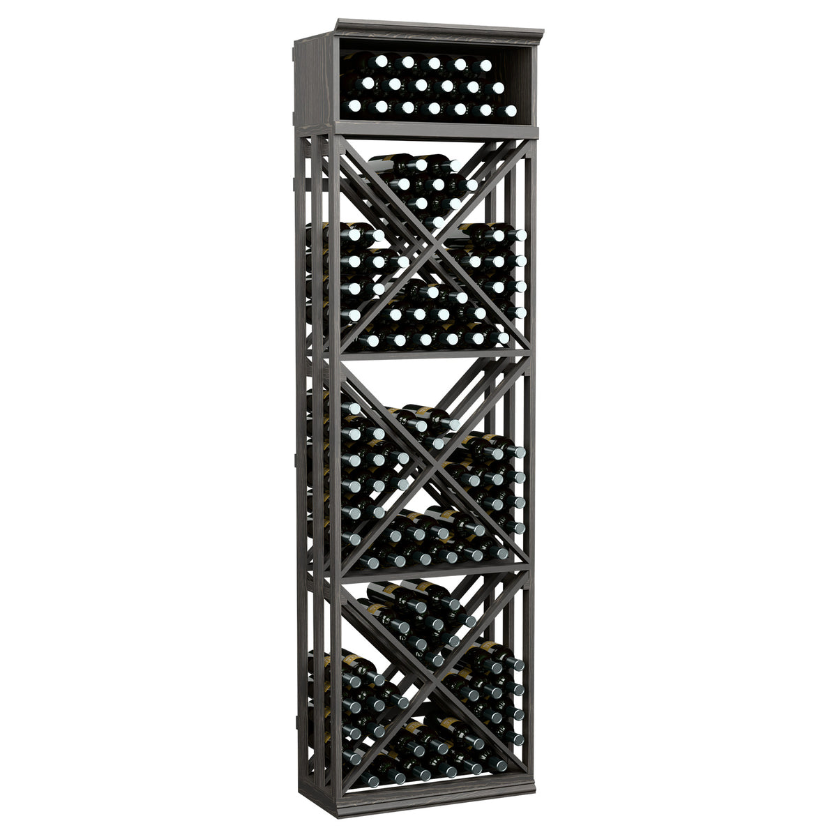Dark lattice wine bottle storage rack with crisscross shelves and front bottle slots.