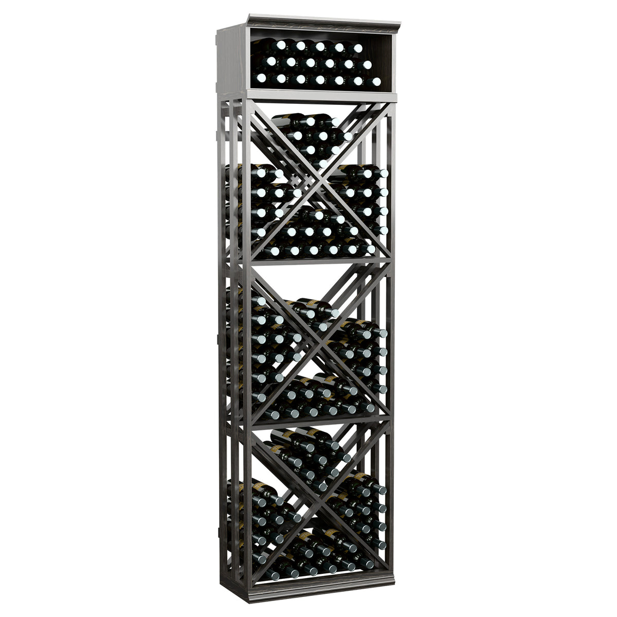 Charcoal lattice wine bottle rack with diagonal cross-brace storage and bottle openings.
