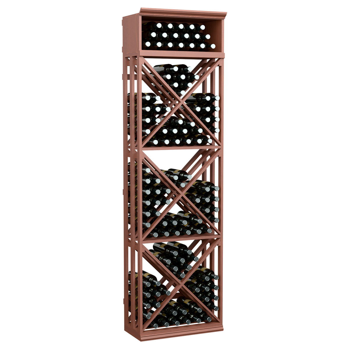 Red-brown lattice wine bottle storage rack with crisscross shelves and front bottle slots.