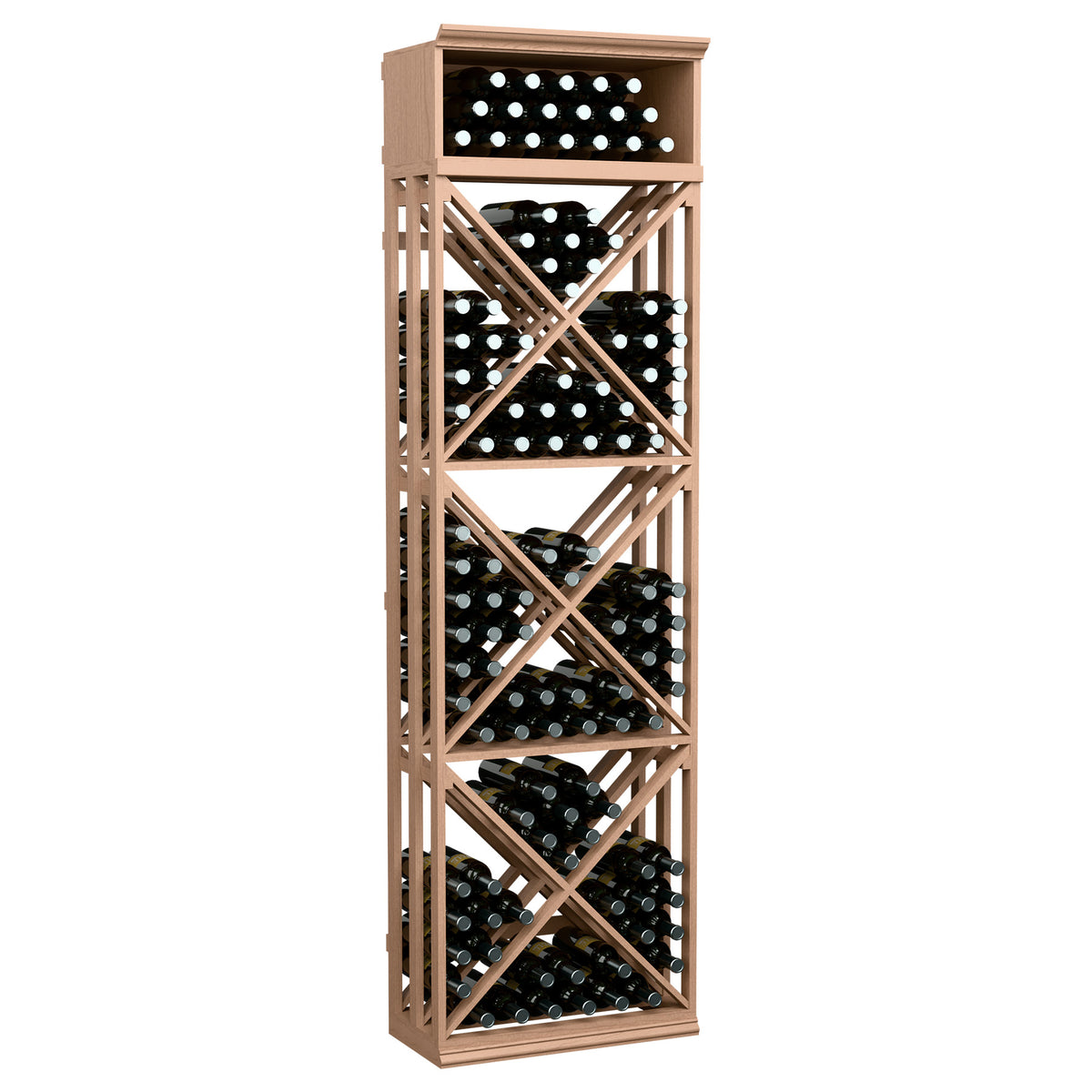 Light tan lattice wine bottle storage rack with crisscross shelves and front bottle openings.