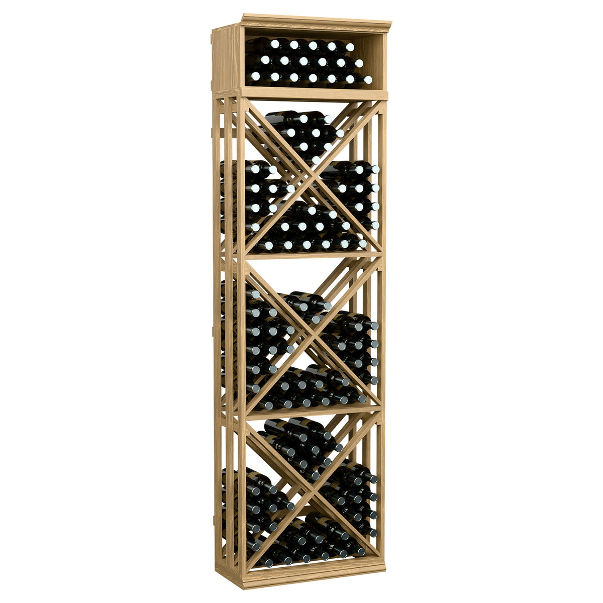Pale wood lattice wine bottle storage rack with crisscross supports and multiple bottle rows.