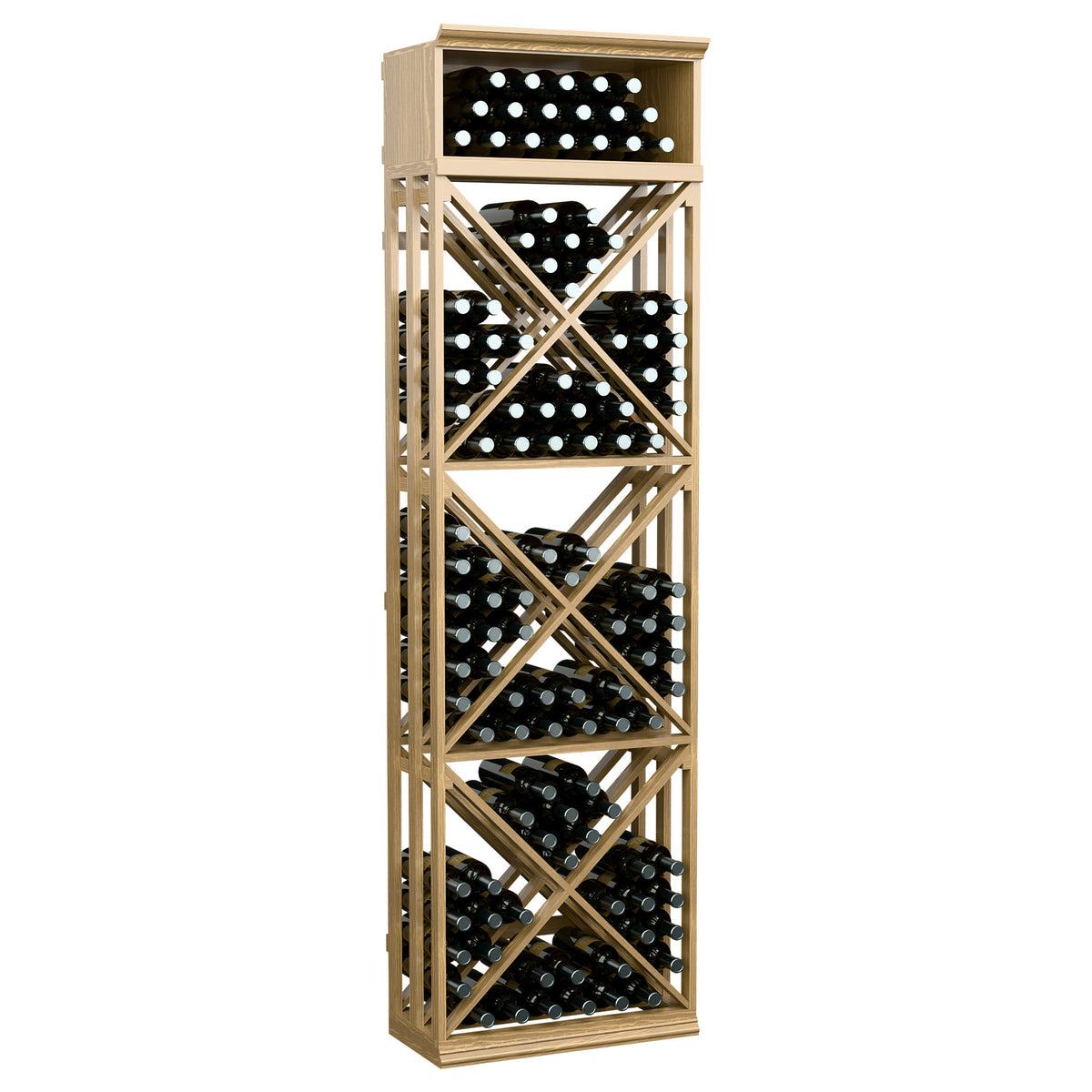 Light beige lattice wine bottle rack with diagonal framework and front bottle storage panels.