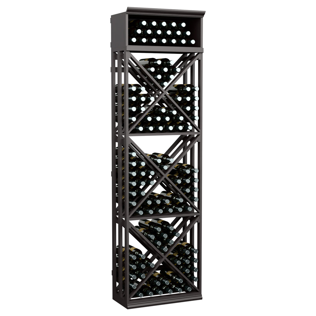 Dark lattice wine bottle storage rack with crisscross shelves and front bottle slot grid.