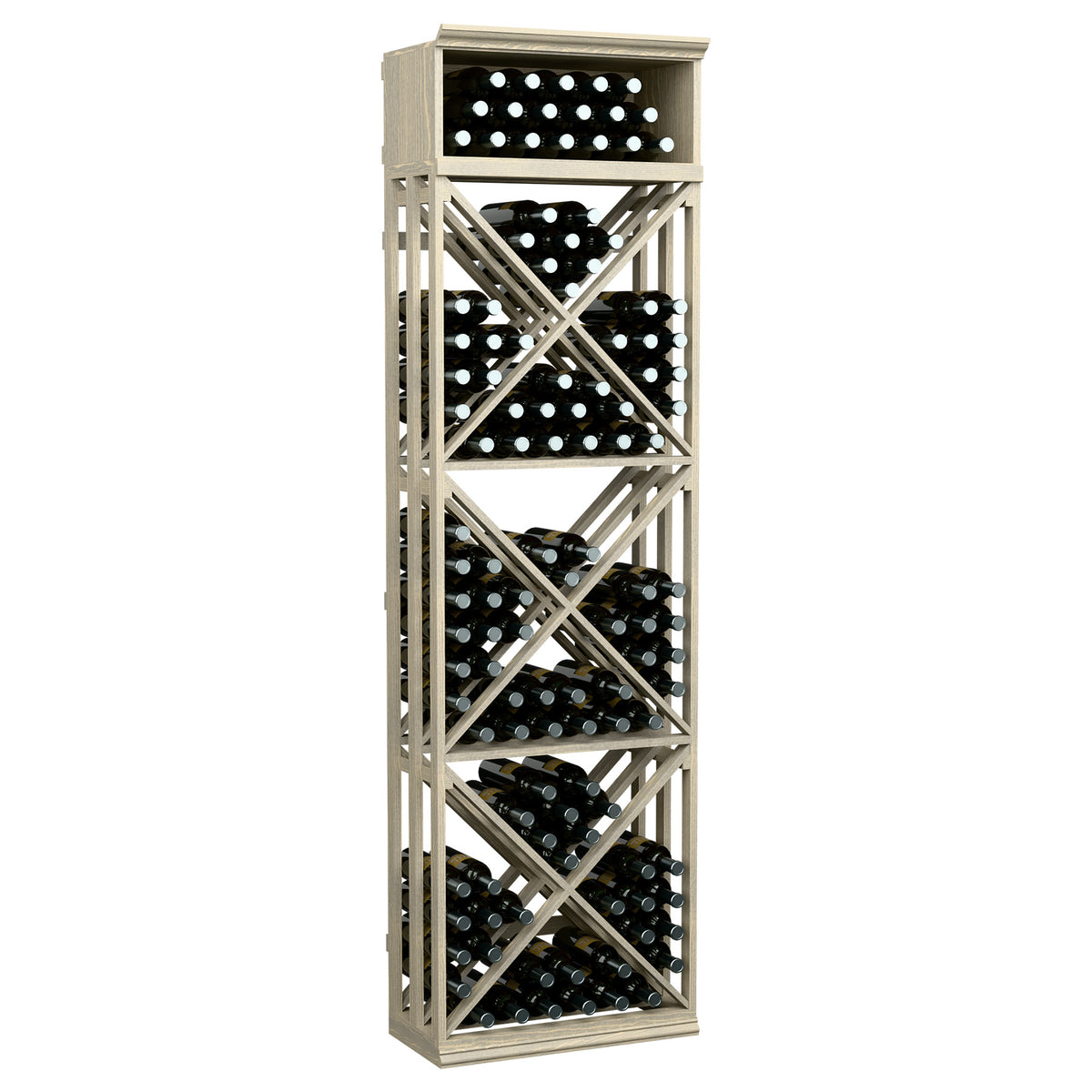 7-ft wine bottle storage rack with X-brace lattice, whitewashed wood frame