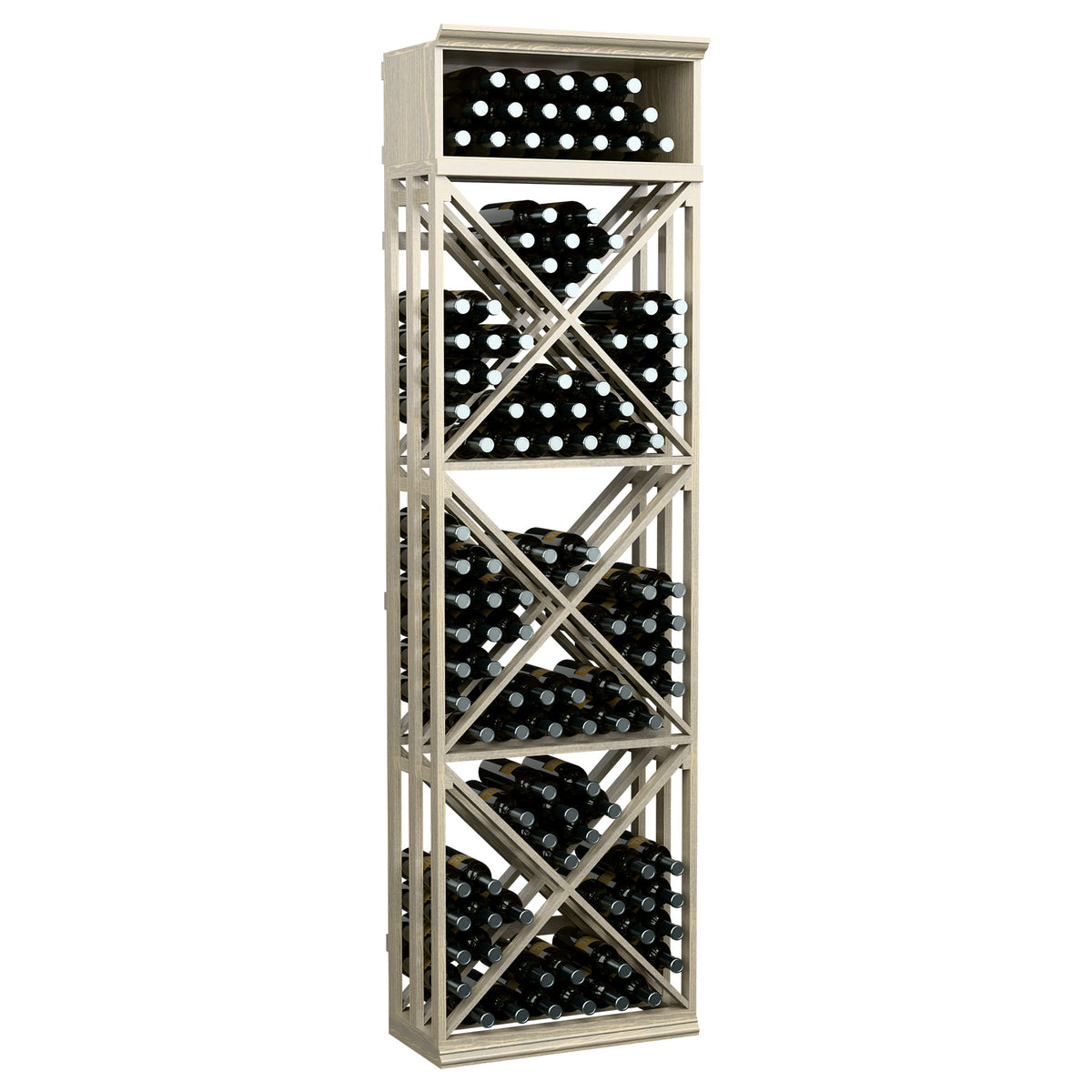 7-ft wine bottle storage rack with X-brace lattice, whitewashed wood frame