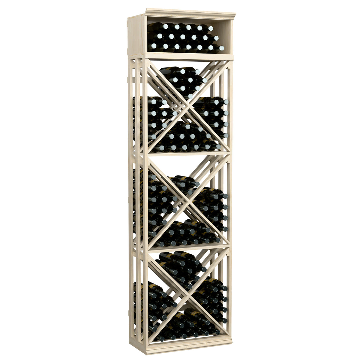 7-ft wine bottle storage rack with X-brace lattice, whitewashed wood frame