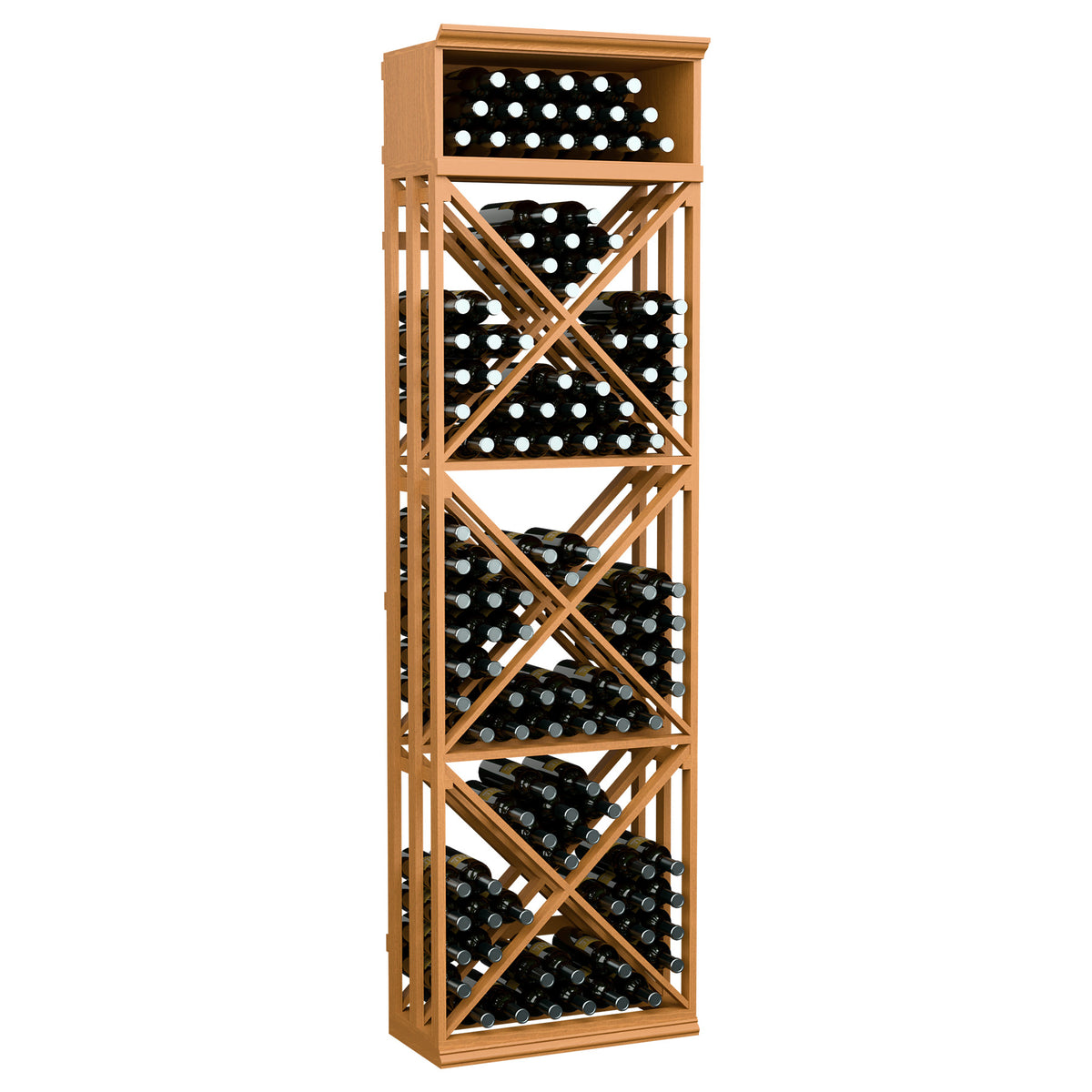 7-ft wine bottle storage rack with X-brace lattice, natural wood frame