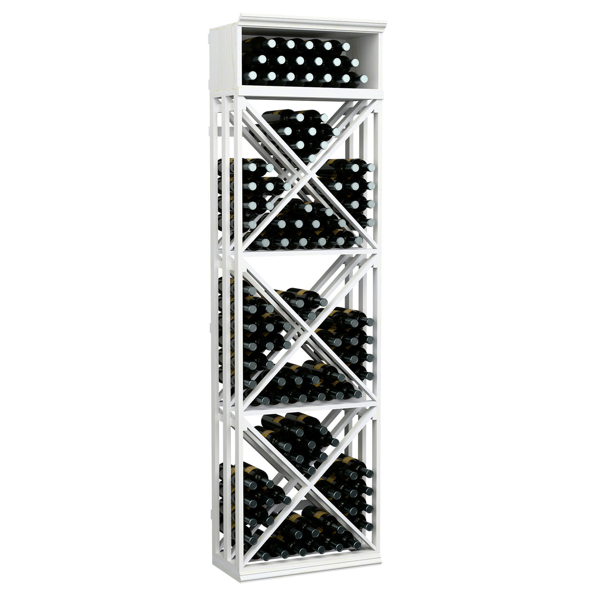 7-ft wine bottle storage rack with X-brace lattice, white painted wood frame