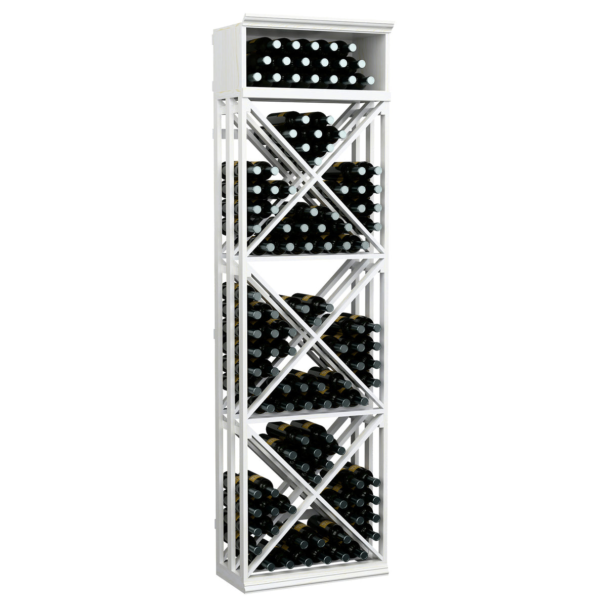 7-ft wine bottle storage rack with X-brace lattice, white painted wood frame