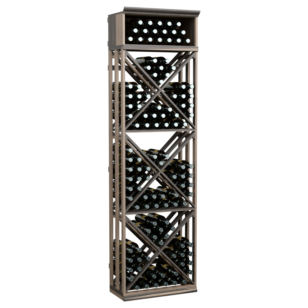 Black lattice wine bottle storage rack with X-frame shelves and glass window