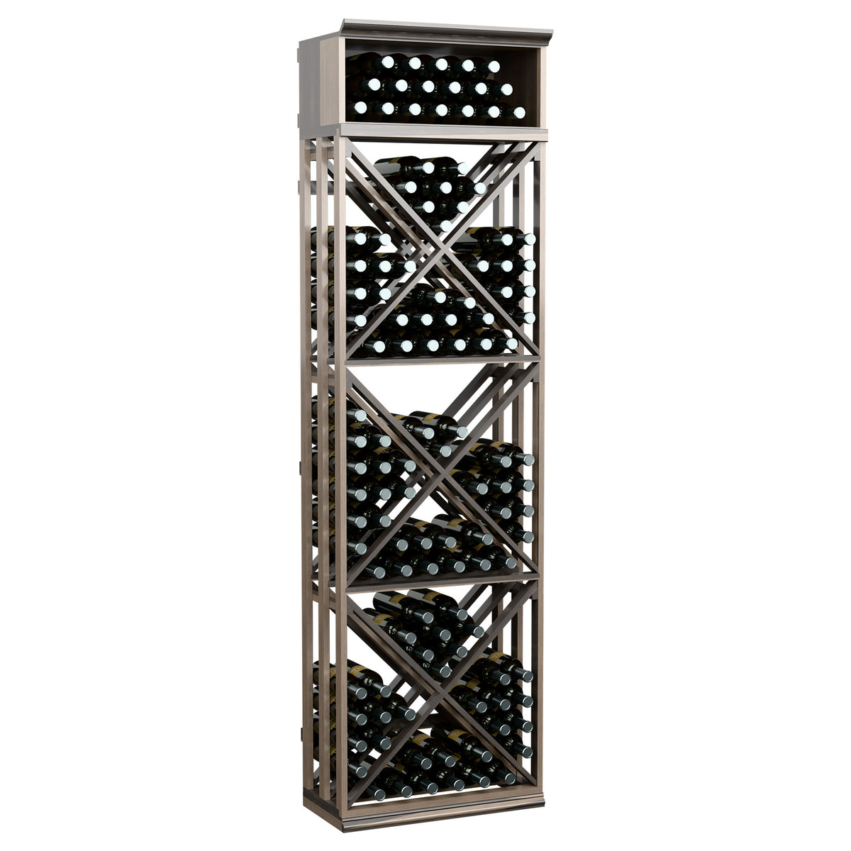 Black lattice wine bottle storage rack with X-frame shelves and bottle display grid