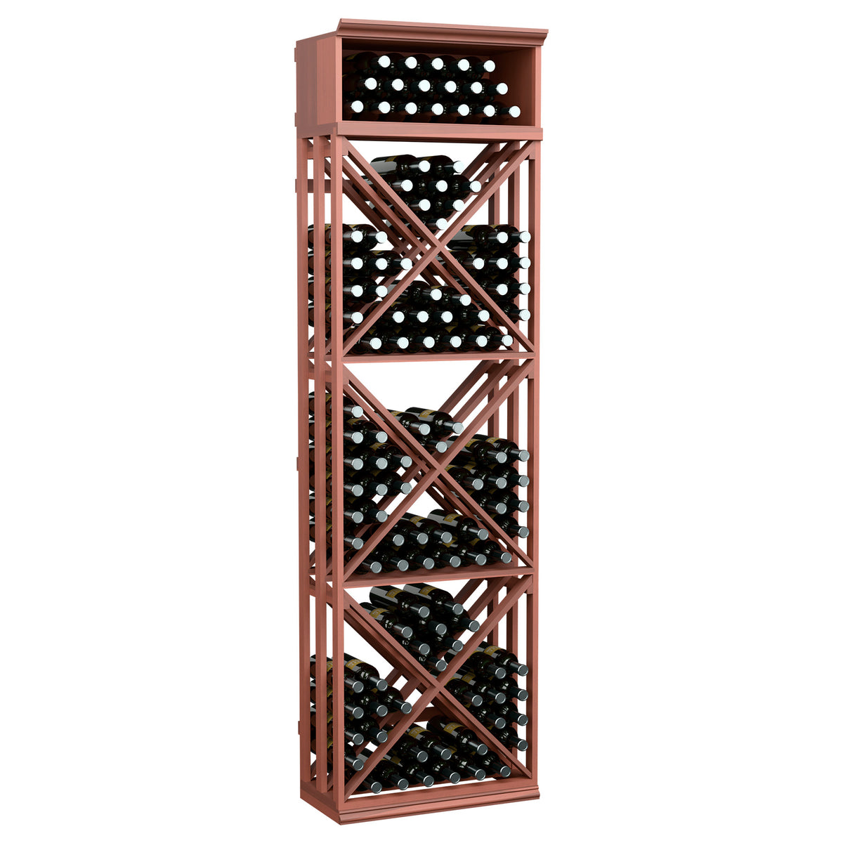 Red-brown lattice wine bottle storage rack with X-frame shelves and bottle slots