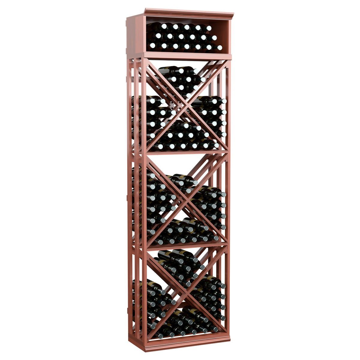 Red-brown lattice wine bottle storage rack with X-frame shelves and front bottle openings