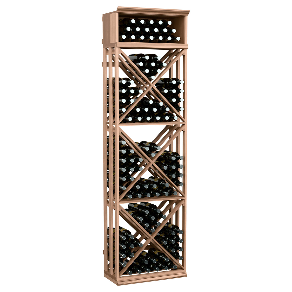 Light wood lattice wine bottle storage rack with X-frame shelves and bottle display