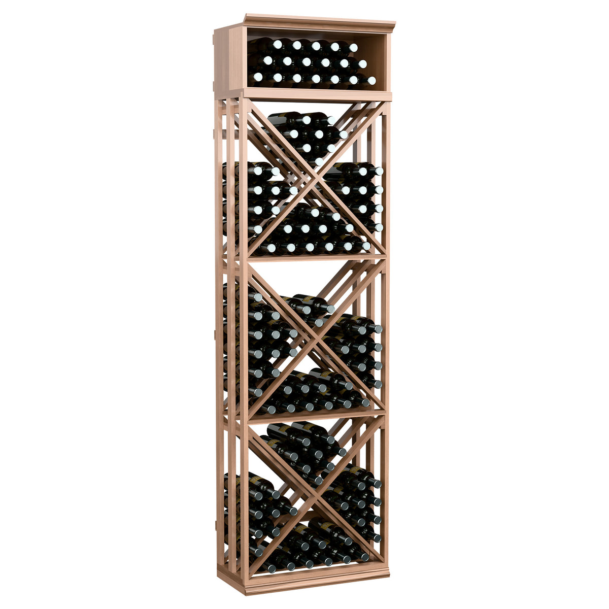 Light wood lattice wine bottle storage rack with X-frame shelves and front bottle rows