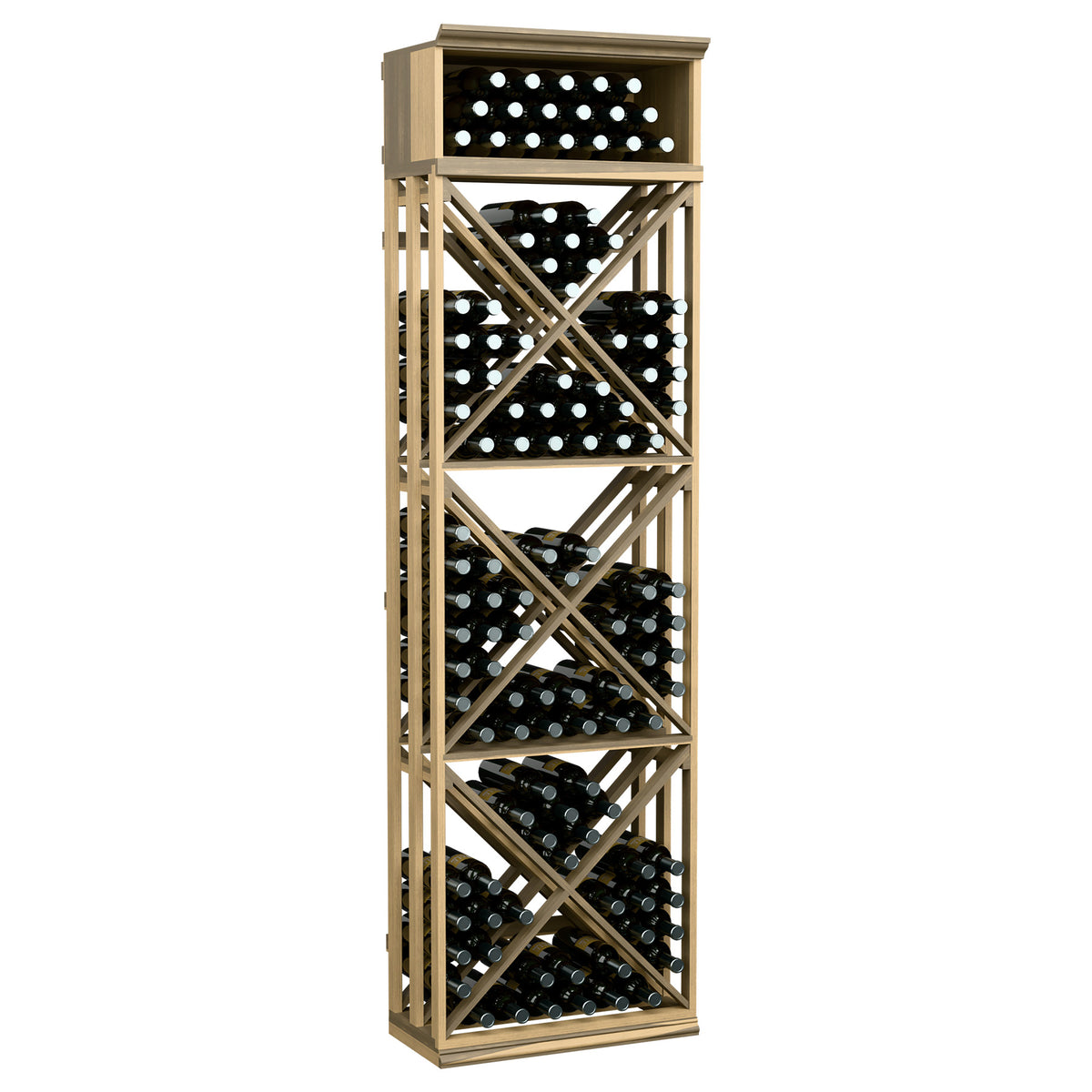 Natural wood lattice wine bottle storage rack with X-frame shelves and bottle grid
