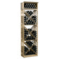 Natural wood lattice wine bottle storage rack with X-frame shelves and visible bottle ends