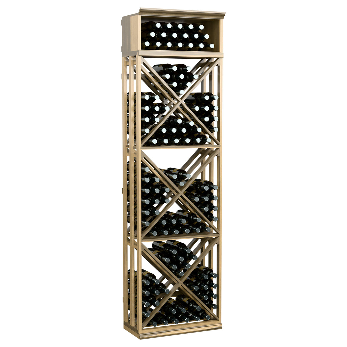 Natural wood lattice wine bottle storage rack with X-frame shelves and visible bottle ends