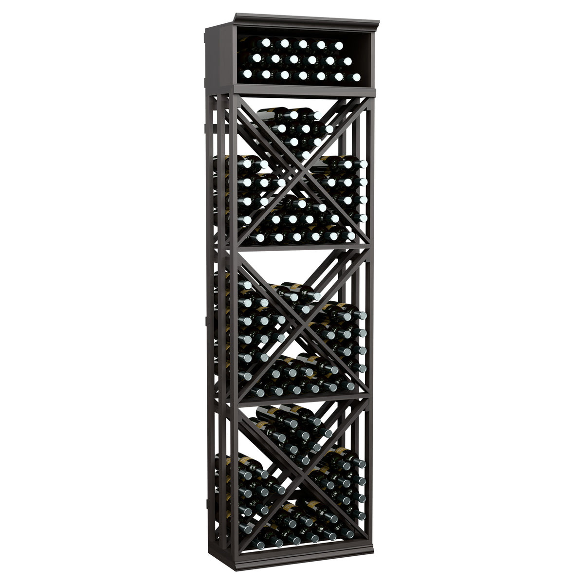 Dark gray lattice wine bottle storage rack with X-frame shelves and bottle display