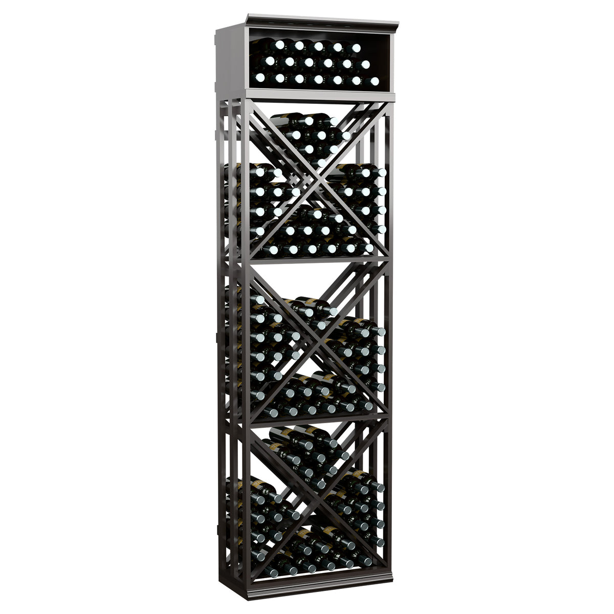 Dark gray lattice wine bottle storage rack with X-frame shelves and front bottle slots