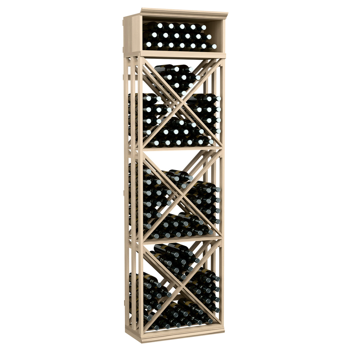 Light wood lattice wine storage rack with cross-braced shelves for bottles